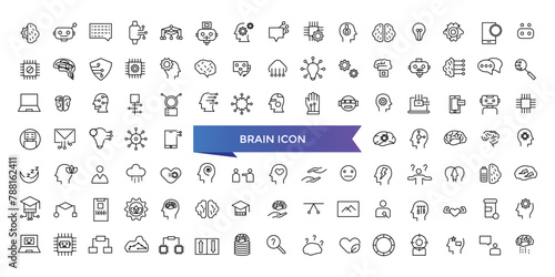 Brain icon collection. Related to mind, brainstorming, head, neuron, cognition, thinking, intelligence and more. Line vector icons set.