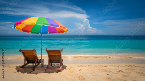 A colorful umbrella is shading two beach chairs on a sunny day. The chairs are positioned close to the water, and the umbrella provides a comfortable spot for relaxation. the gentle sea breeze