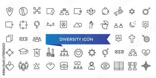 Diversity icon collection. Related to equality, culture, languages, tolerance, difference, belonging, human rights and ethnicity icons. Line icon set.
