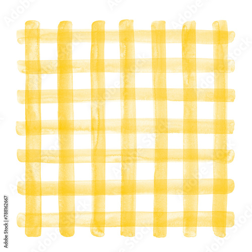 Yellow watercolor plaid illustration. Buffalo check, checked, chequered geometrical square background, watercolour stains. Hand brush drawn doodle style transparent crossing wide stripes texture.
