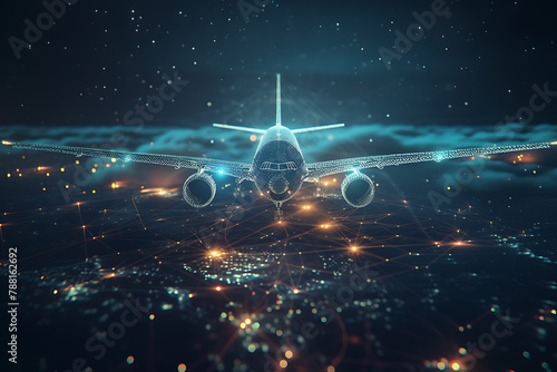 A futuristic wireframe-based visualization of an airplane against a glowing translucent background, showcasing advanced aeronautic design and cutting-edge technology in digital art.