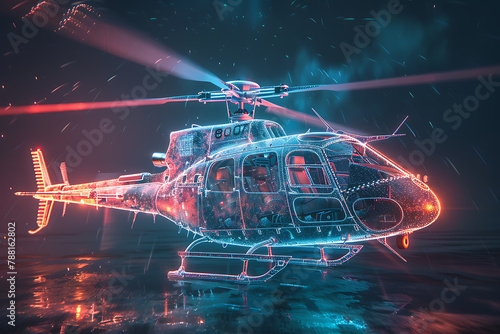 An innovative wireframe-based visualization depicting a helicopter against a glowing translucent background, showcasing advanced design and futuristic aesthetics.
