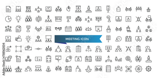 Meeting icon collection. Related to seminar, business meeting, presentation, interview, conference, assembly, agreement and discussion icons. Line icon set.
