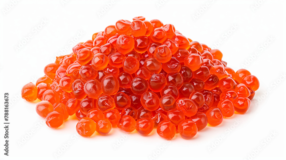 A top-view photograph captures the exquisite beauty of red caviar arranged delicately on a pristine white background. The vibrant hues of the caviar pop against the clean backdrop, creating a visually A top-view photograph captures the exquisite beauty of red caviar arranged delicately on a pristine white background. The vibrant hues of the caviar pop against the clean backdrop, creating a visually