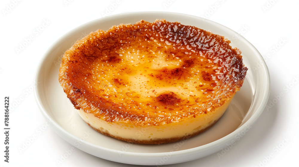 A classic Crème Brûlée elegantly served on a pristine white plate, set against a clean white background. The creamy custard is delicately caramelized on top, creating a golden crust that contrasts A classic Crème Brûlée elegantly served on a pristine white plate, set against a clean white background. The creamy custard is delicately caramelized on top, creating a golden crust that contrasts