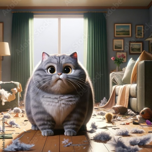 Gray cat made a mess in the apartment, 3d animation style photo