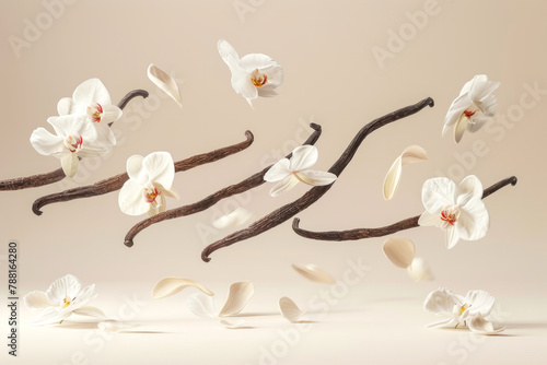 Levitating vanilla pods with flowers on a light pink background with space for text or inscriptions
 photo