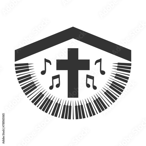 Church House Roof with Jesus Christian Cross with Note and Piano for Religion Song Illustration