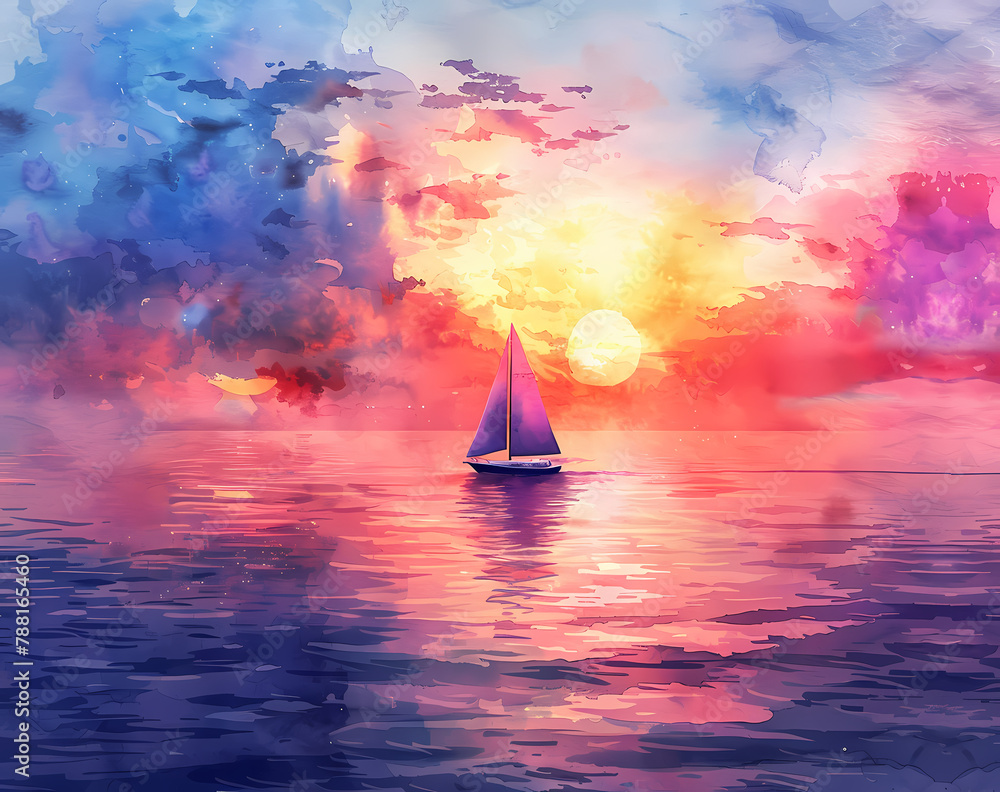Oil Paint Sunset Calm Sea Wall Art Generated by AI - obrazy, fototapety, plakaty 