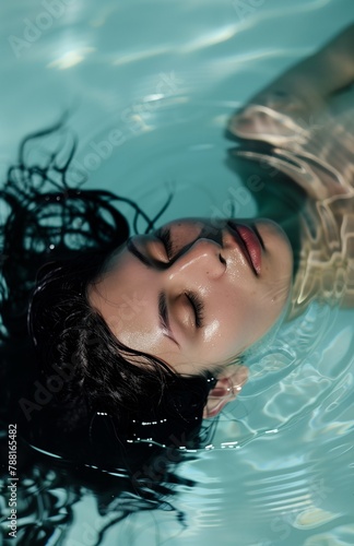 A beautiful woman lies in the water of an indoor pool with her eyes closed  seen from above and behind  closeup of her head and shoulders