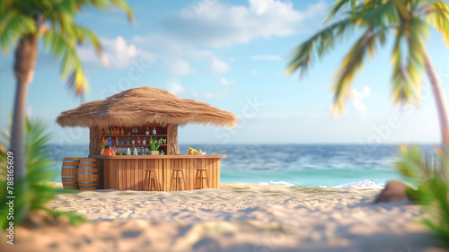 A beach hut with a bar and a palm tree in the background. The hut is made of wood and has a thatched roof. The bar has a few bottles and a few fruits on it. The beach is calm and peaceful. a 3d style