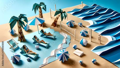 Sunny Beach Day in Origami Style with Paper Sunbathers and Ocean