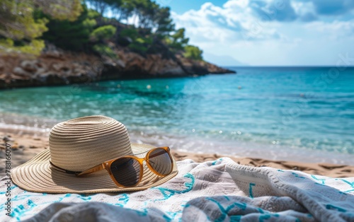 Straw Hat and Sunglasses Resting on a Beach Towel - Summer, Relaxation, Vacation.