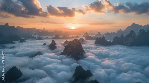 Sunrise over the clouds with karst formation mountains .