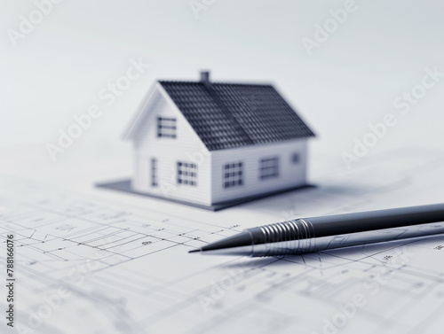 A single, elegant pen laying across a simple house blueprint on a pure white surface photo