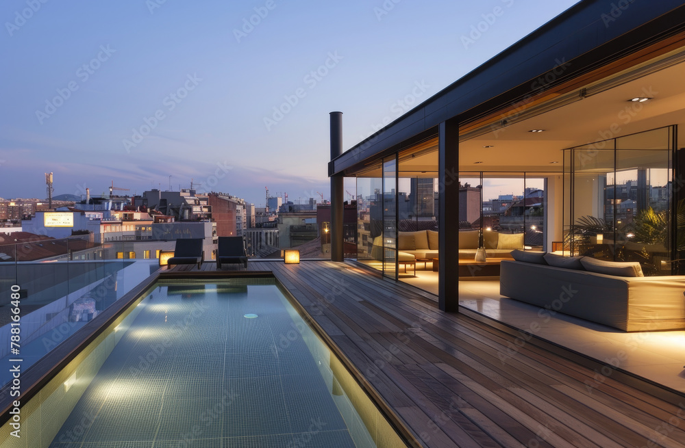 The rooftop pool of the modernist building is located on an urban street