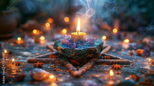 candle burning in the middle of a pentacle star symbol. 