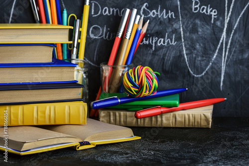 Back to school and education supplies, books, pens, on black board background, good copy space