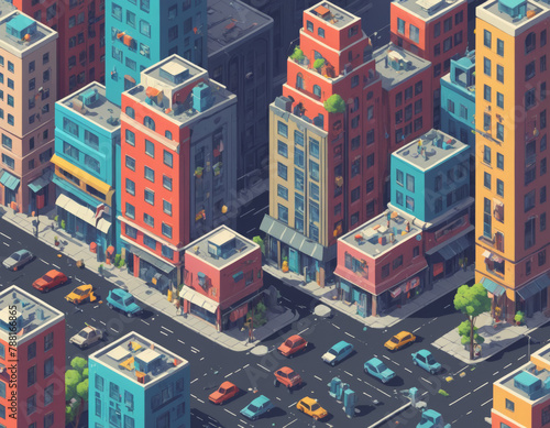 Isometric City Street View with Diverse Buildings