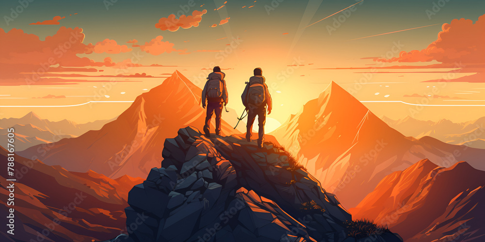 A Hiker helping friend reach on a Mountain with snow Looking at the Distance where one can see the sun created background - obrazy, fototapety, plakaty 