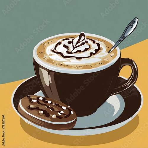 Cup and saucer with cappuccino, chocolate sprinkles on top, cookie; blue and yellow background.