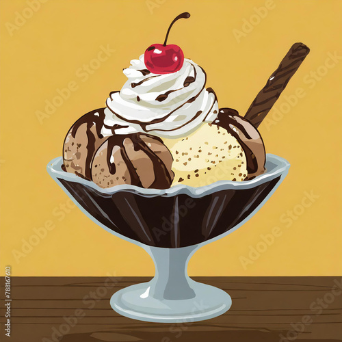 Ice cream sundae with vanilla and chocolate ice cream, whipped cream and red cherry on top.