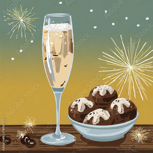 Glass with bubbling champagne, bowl of Dutch oliebollen, fireworks; blue and yellow background.
