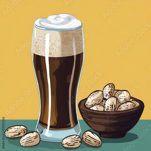 Glass with dark beer, foam on top, bowl of peanuts; yellow and blue background.