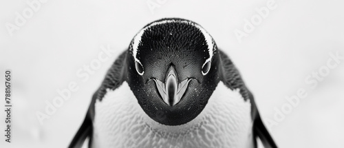 high contrast portrait, black and white, detailed, emperor penguin, centered composition, minimalism  photo