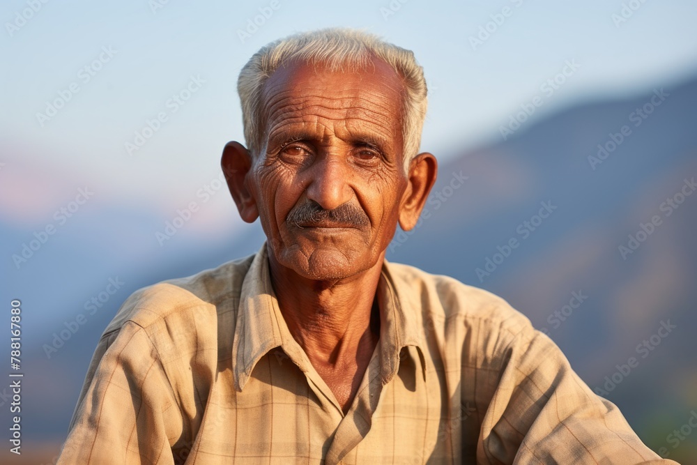 Portrait of a tender indian man in his 80s sporting a breathable hiking shirt in pastel or soft colors background