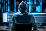 hacker performing a cyber attack, hooded individual in front of multiple monitors (6)