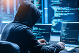 hacker performing a cyber attack, hooded individual in front of multiple monitors (7)