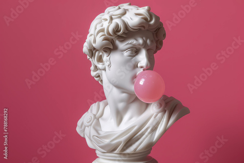 Plaster head statue with pink chewing gum and balloon. Ancient Greek sculpture, hero statue with chewing gum isolated on pink background with space for text or inscriptions
