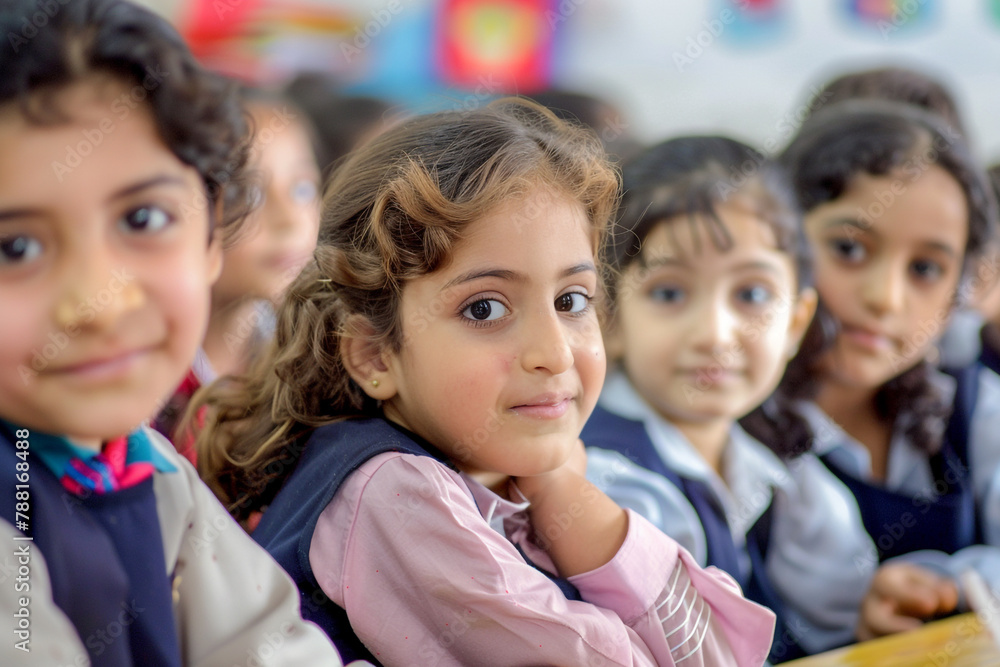 Beautiful children are students together in a classroom in school get the education with the teacher Beautiful children are students together in a classroom in school get the education with the teacher