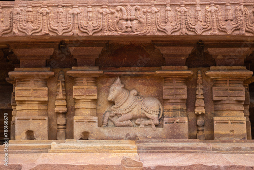 Ancient Carving of Nandi on the Ramappa Temple, 12th Century Temple, Mulugu, Telangana, India.