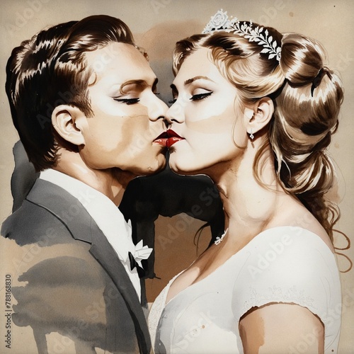 watercolor portrait of kissing couple photo