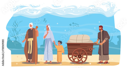 Biblical Moses prophet leading Jewish people from Egypt, flat vector illustration isolated on white background. Moses, separation of Red Sea, Bible concept.