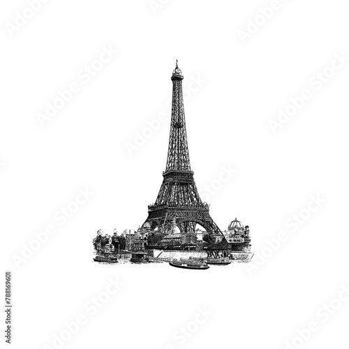 Fototapeta Naklejka Na Ścianę i Meble -  PNG Vintage European style Eiffel Tower engraving, transparent background