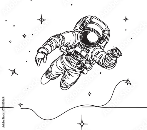 astronaut sketch draw in one line art, vector illustration