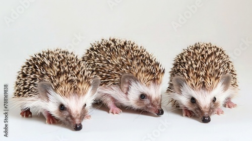 Three  pygmy hedgehogs on white background. photo