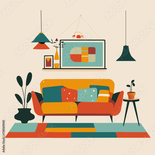 Abstract flat vectorized living room with couch, vector graphics