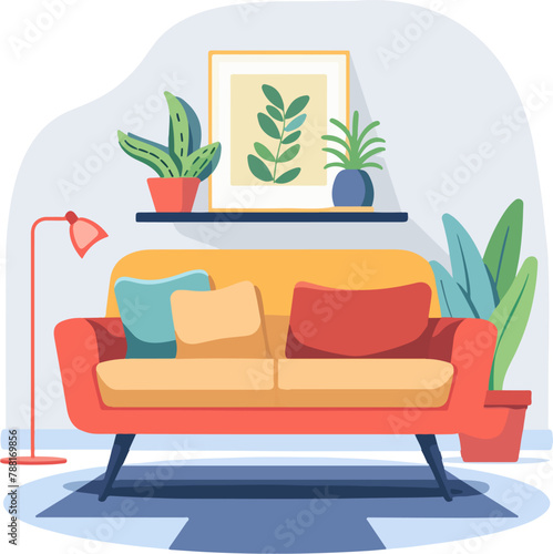 Abstract flat vectorized living room with couch, vector graphics