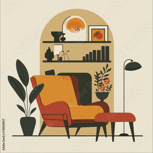 Abstract flat vectorized living room with couch, vector graphics