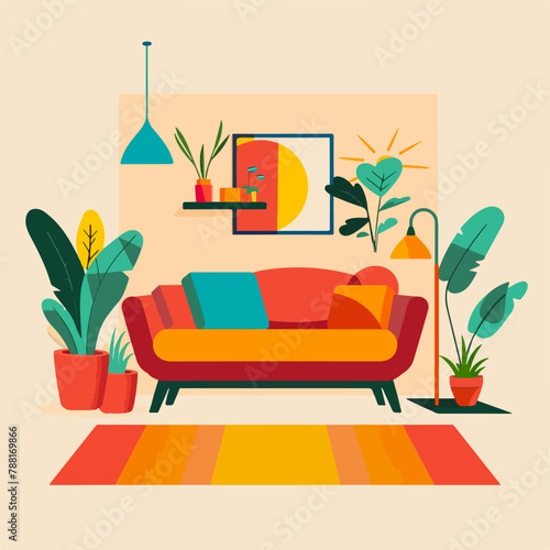 Abstract flat vectorized living room with couch, vector graphics