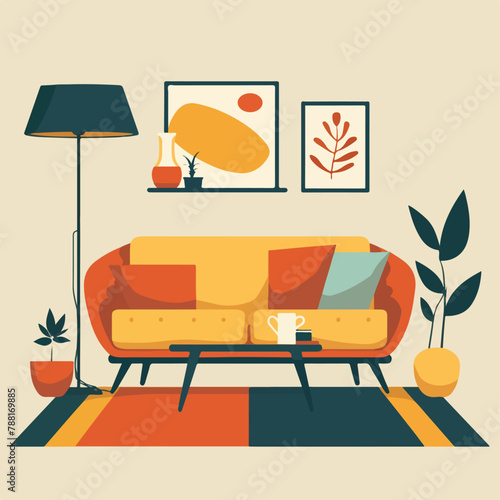Abstract flat vectorized living room with couch, vector graphics