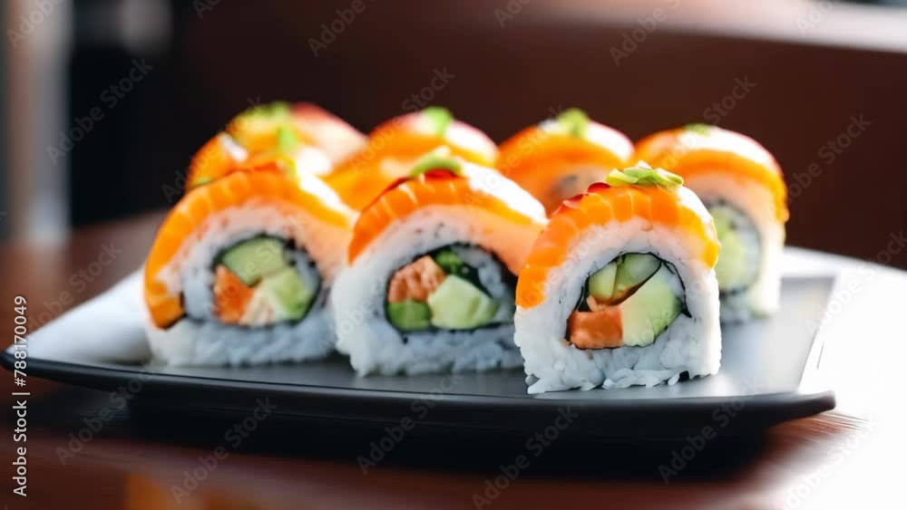 Sushi roll over blurred background. Macro set of fresh Philadelphia sushi from fish, salmon, rice, cucumbers. Sushi restaurant, sushi delivery. Rotating plate Sushi roll over blurred background. Macro set of fresh Philadelphia sushi from fish, salmon, rice, cucumbers. Sushi restaurant, sushi delivery. Rotating plate