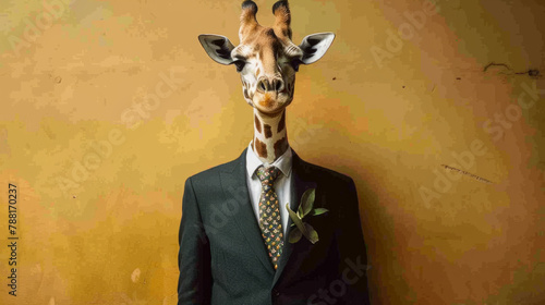 Standing tall in a chic business suit with a trendy leaf-patterned tie, this giraffe showcases a perfect blend of wilderness and urban sophistication.