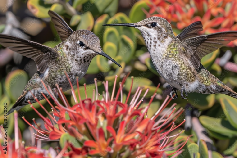 Obraz premium Elegantly soaring hummingbirds targeting vibrant flower nectar with grace and beauty