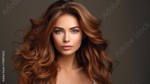Portrait of a beautiful young woman with long wavy hair.