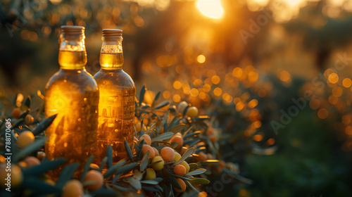 Golden olive oil bottles with olives leaves and fruits setup in the middle of rural olive field with morning sunshine as wide banner with copyspace area